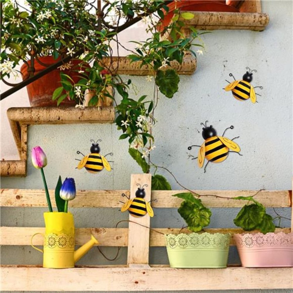 4 Pack Metal Bee Wall Art Sculptures Garden Decorations, Hanging Bee Wall Decor - Picture 7 of 8
